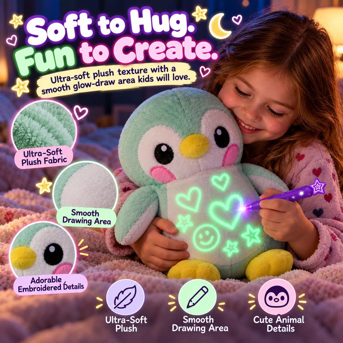 ✨ Glow & Draw Plush Toy – Reusable Light-Up Doodle Friend for Kids